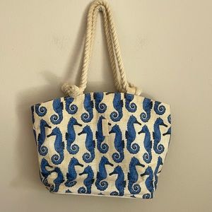 Mud Pie Seahorse Blue Printed Beach Bag Tote Bag Seaside Bag with Zipper